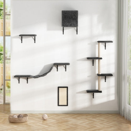 Grey Multi-Level Cat Wall Furniture With Scratch Board Wall Mounted Cat Tree