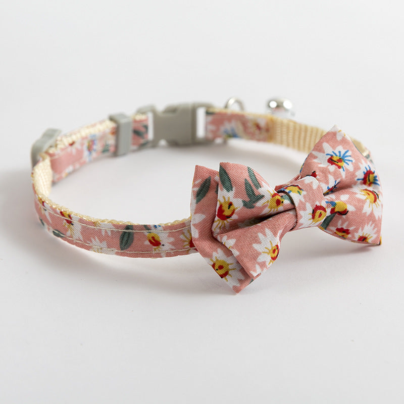 Pink with Sunflowers Stylish Cat Collar with Safety Buckle, Bell & Attractive Bow