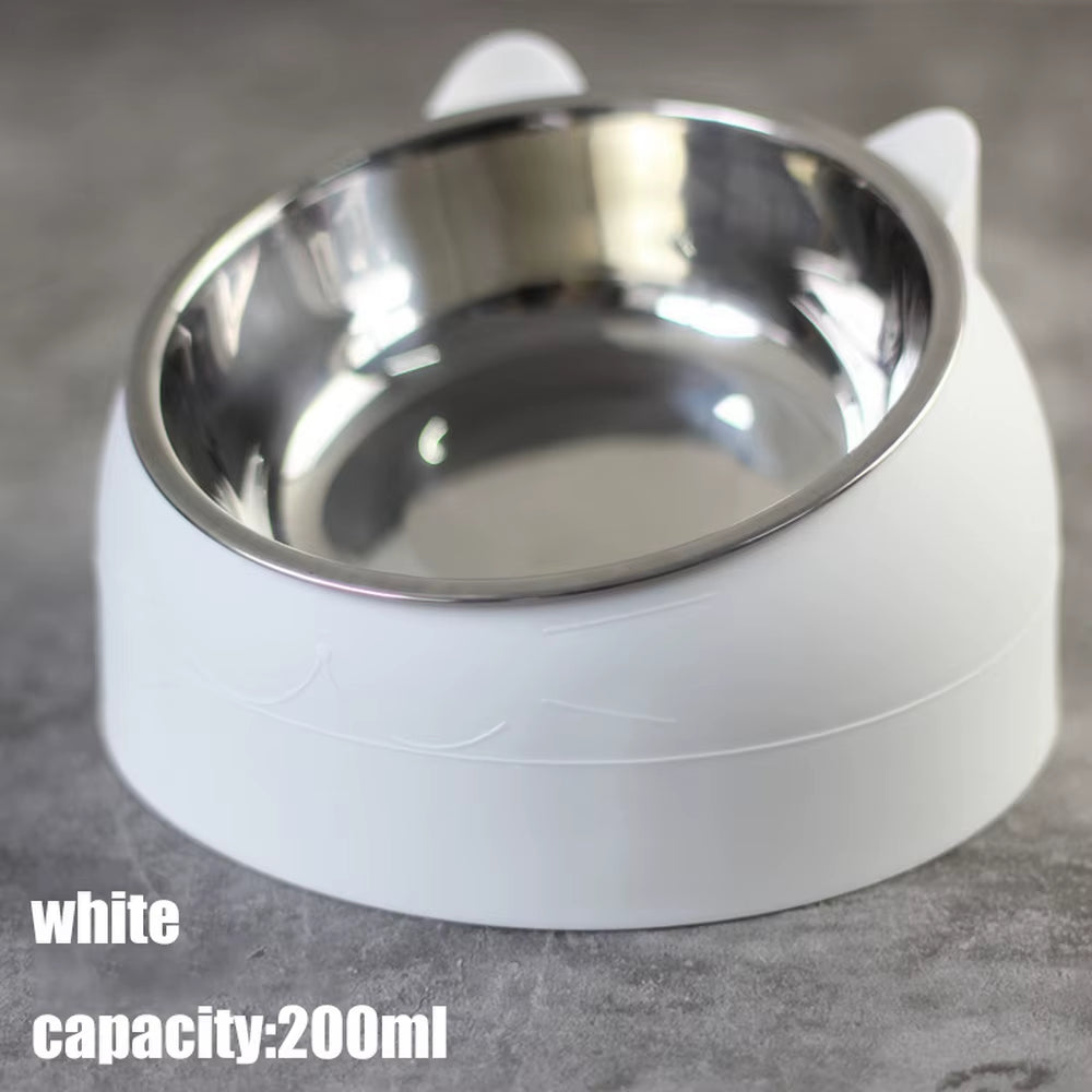 White Cat Dog Bowl 15 Degrees Raised Stainless Steel Non Slip Cat Bowl Safeguard Neck Cat Feeder