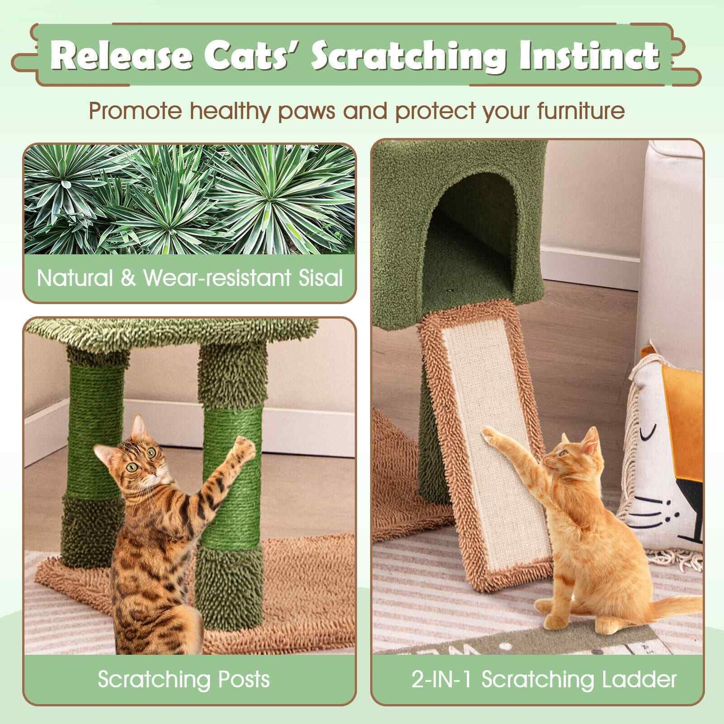 COSTWAY 160 Cm Tall Modern Cat Tree Green Cactus Cat Tower W/Hammock