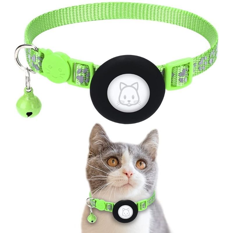Light Green Reflective Cat Collar with Air Tag Holder & Bell