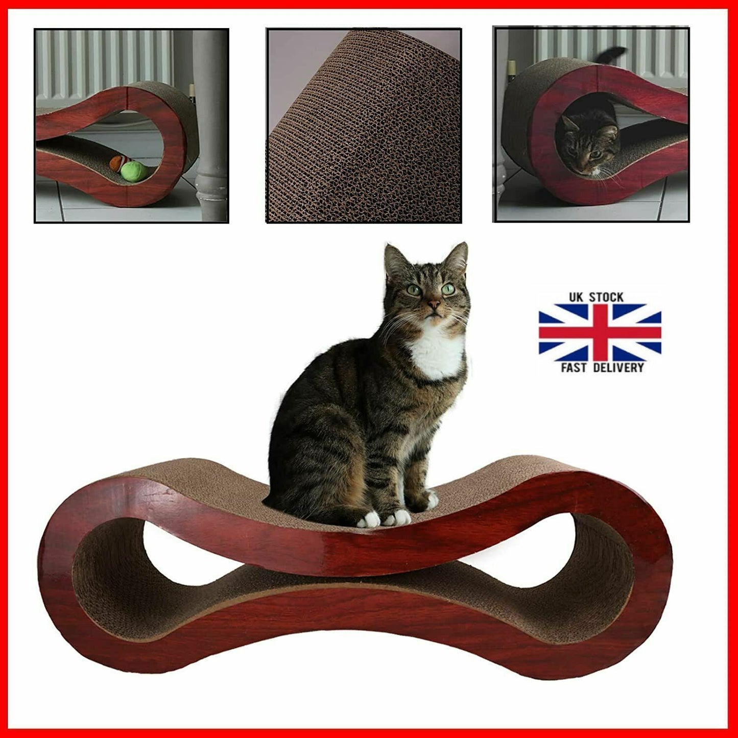 Cat sitting on Scratching Post Lounge Bed, cardboard scratch area and polished wood edging