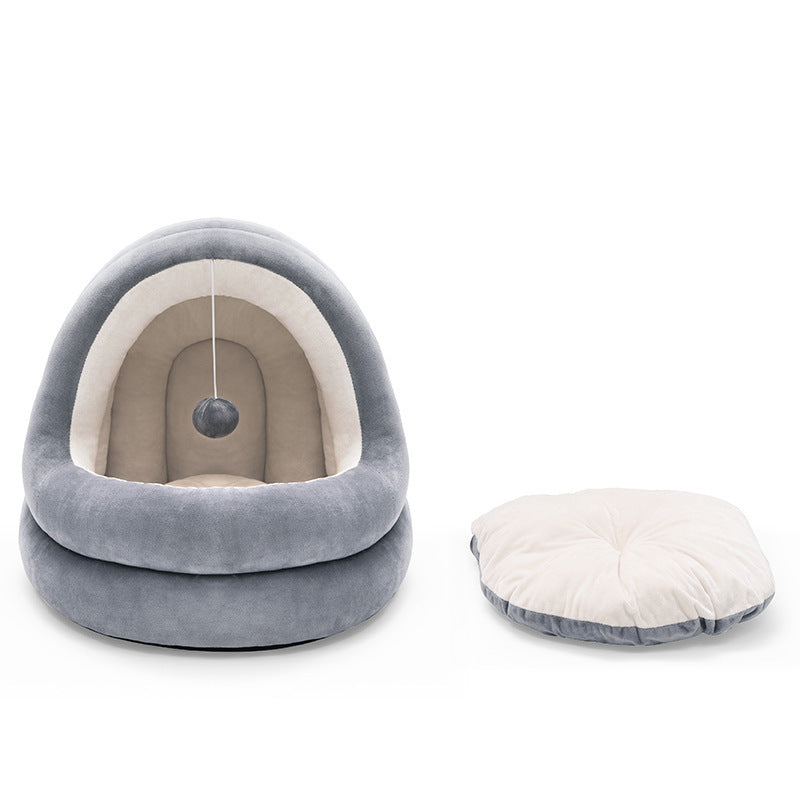 Beige Grey cat bed with cushion.