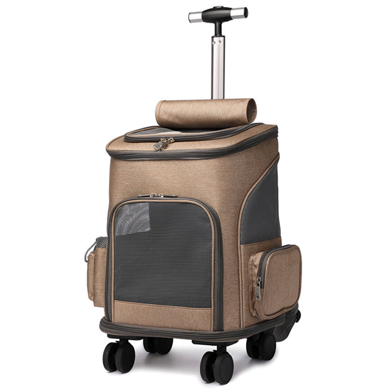 Khaki Portable Folding Pet Trolley Backpack