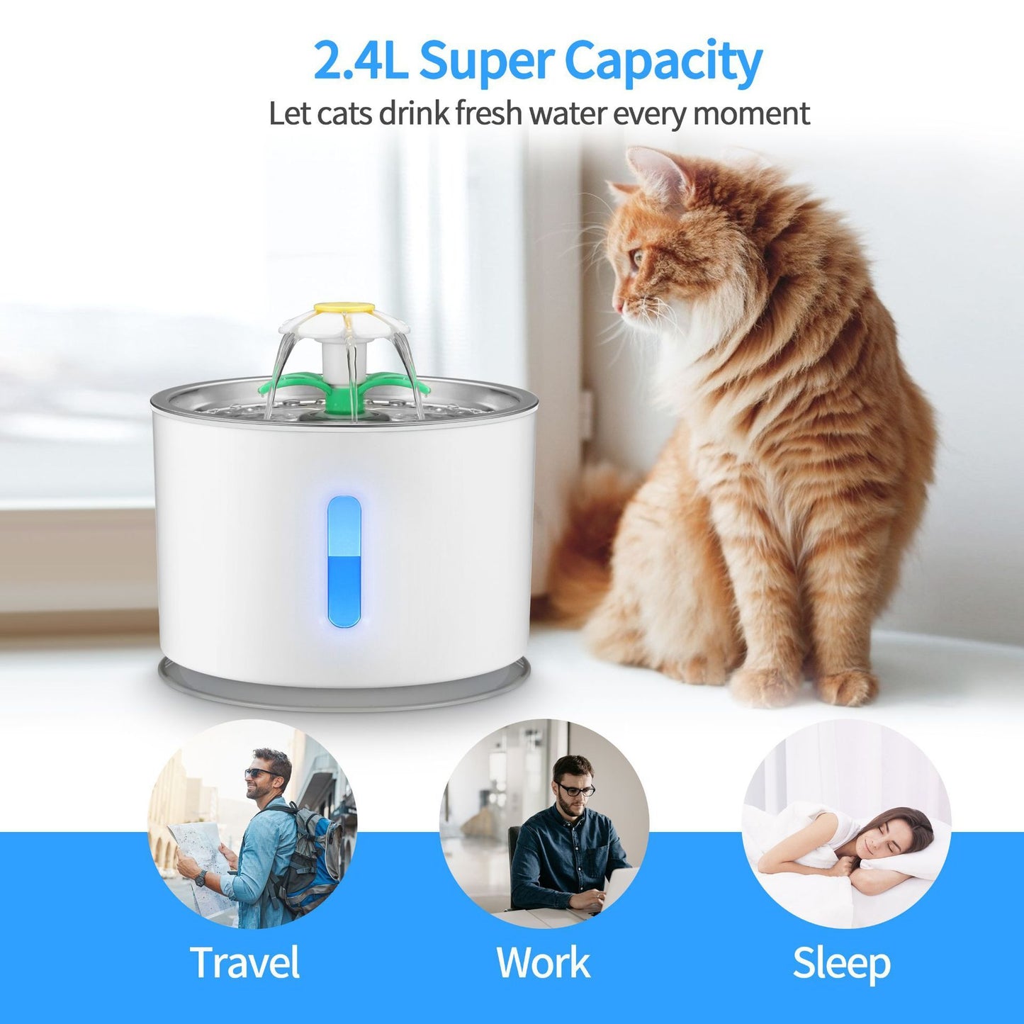 2.4 Litre Super Capacity Stainless Steel Cat Water Fountain for Cats & Dogs