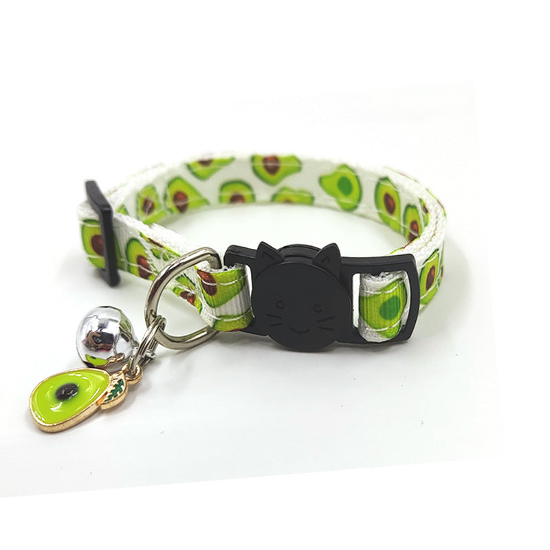 White & Green Avocado Safety Cat Collar with Cute Fruits Print and Bell