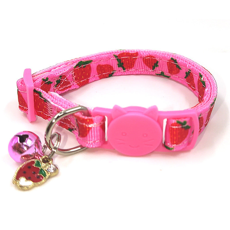Pink Strawberry Safety Cat Collar with Cute Fruits Print and Bell