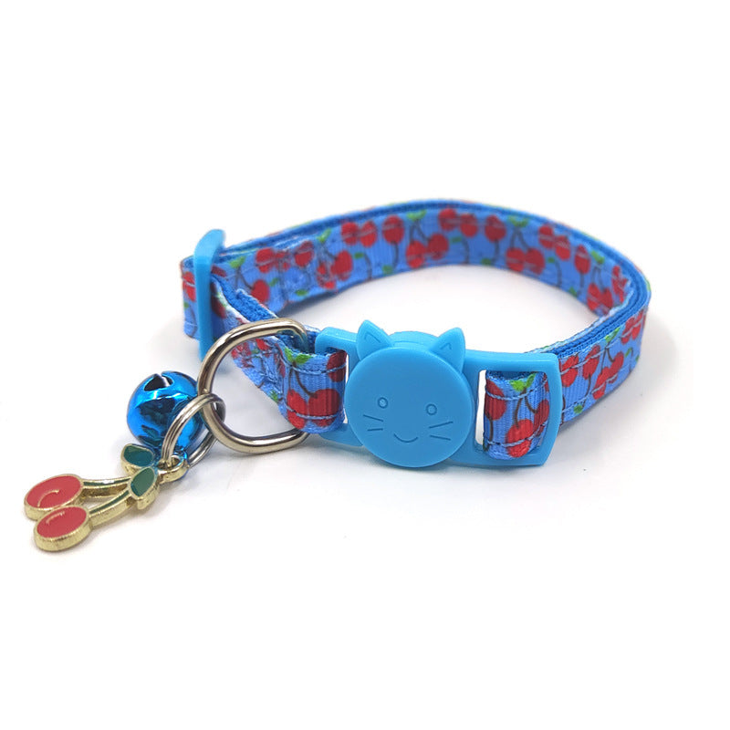 Blue Cherry Safety Cat Collar with Cute Fruits Print and Bell