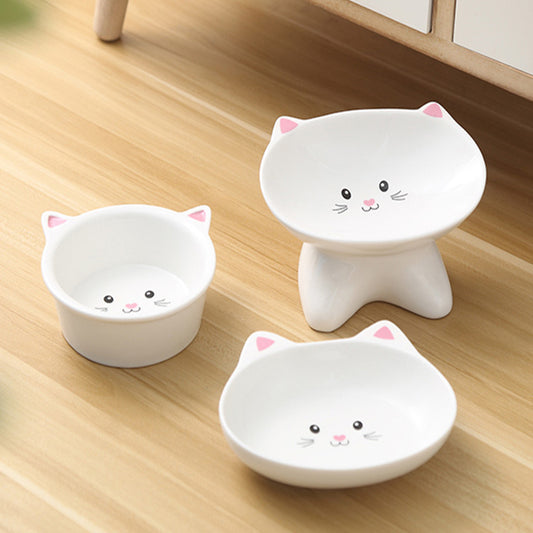 Pink three piece set - Cute Cat Face Shaped Ceramic Cat Food Bowls