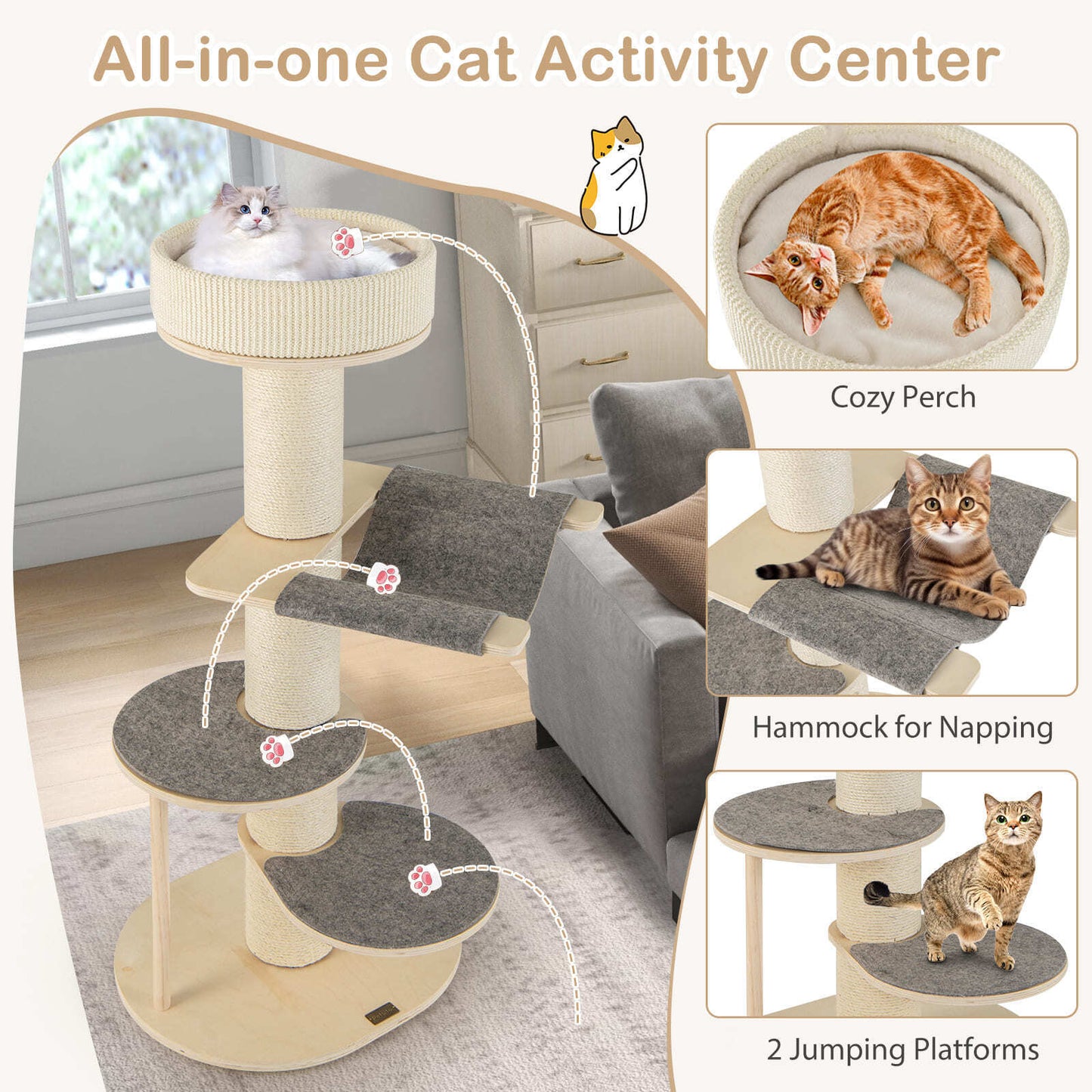 COSTWAY Indoor Cat Tree 120 CM Multi-Layer Cat Tower with Hammock SVE10172GRPV