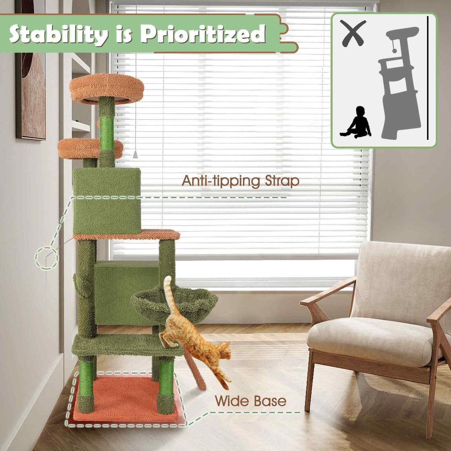 COSTWAY 160 Cm Tall Modern Cat Tree Green Cactus Cat Tower W/Hammock