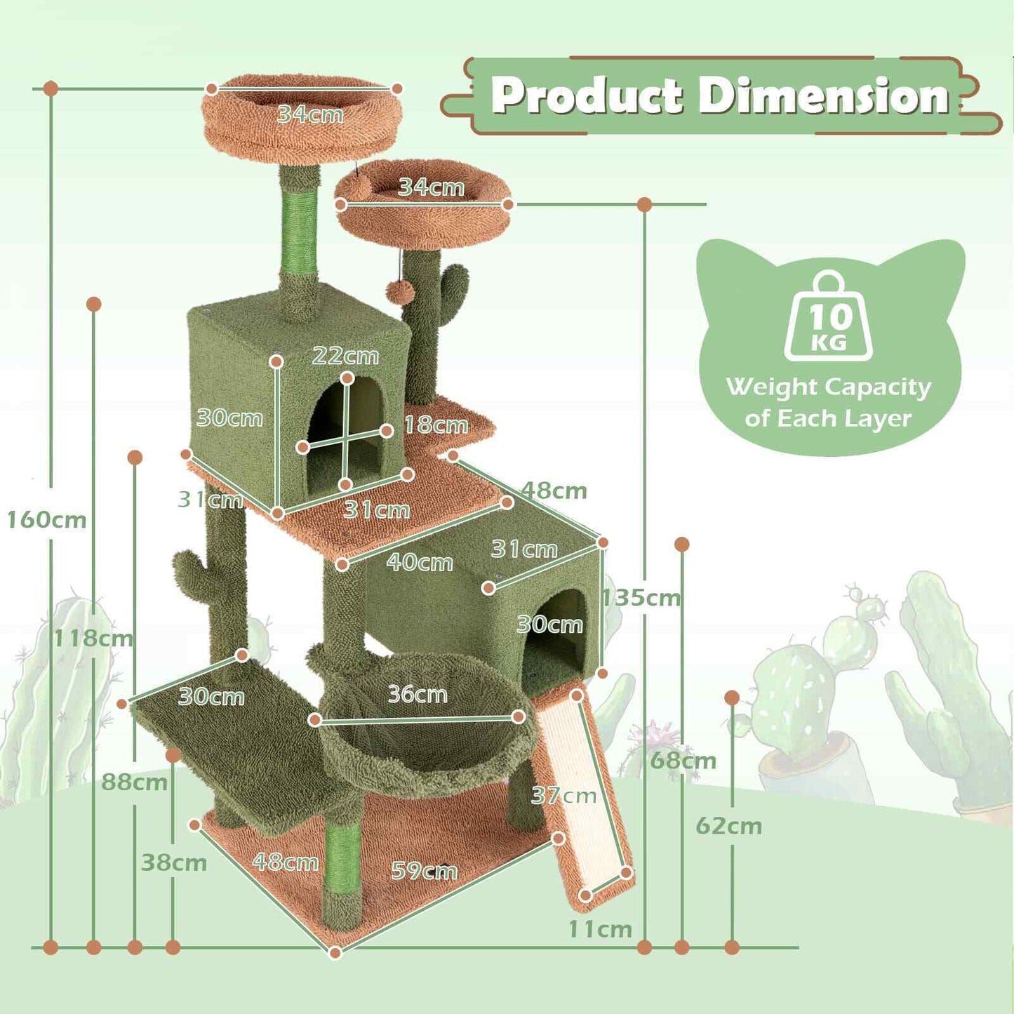 COSTWAY 160 Cm Tall Modern Cat Tree Green Cactus Cat Tower W/Hammock