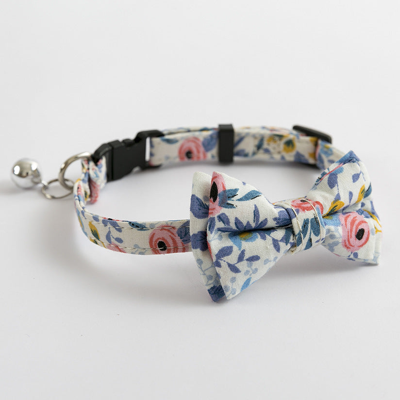 Blue & White with Roses Stylish Cat Collar with Safety Buckle, Bell & Attractive Bow