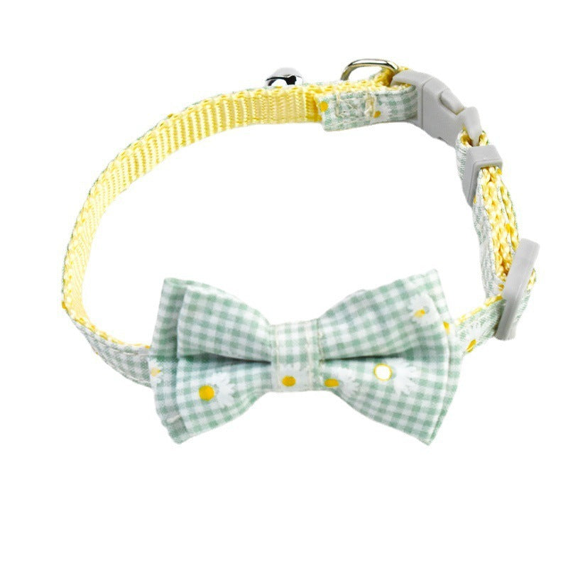 Green Check with White Daisies Stylish Cat Collar with Safety Buckle, Bell & Attractive Bow