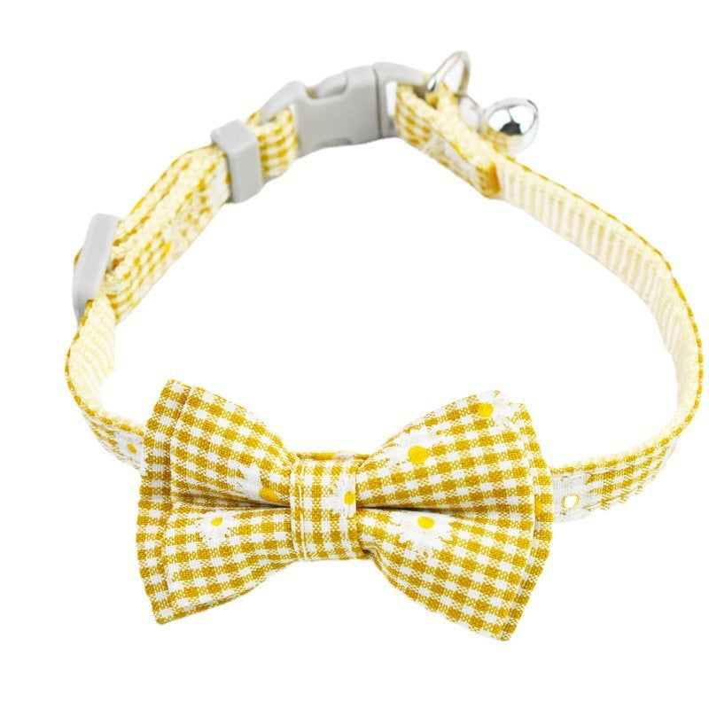 Light Yellow with Daisies Stylish Cat Collar with Safety Buckle, Bell & Attractive Bow