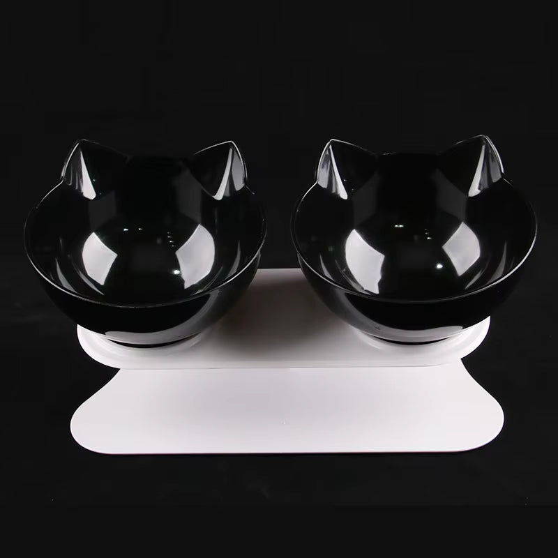 Black Non-Slip Double Cat Bowl Pet Water Food Inclination Stand Cats Kitten Feeder Feeding Bowl