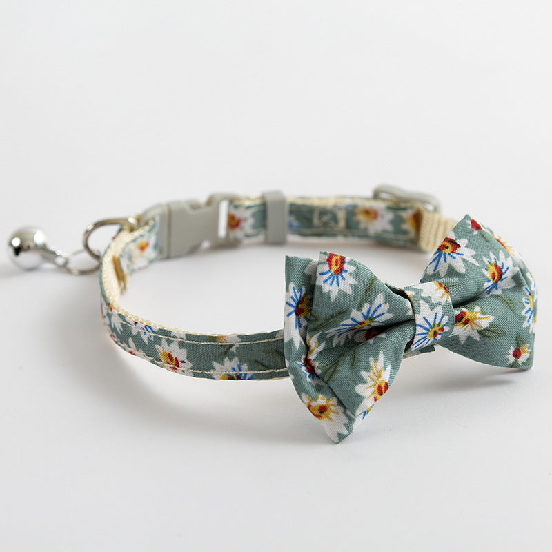 Blue with Sunflowers Stylish Cat Collar with Safety Buckle, Bell & Attractive Bow