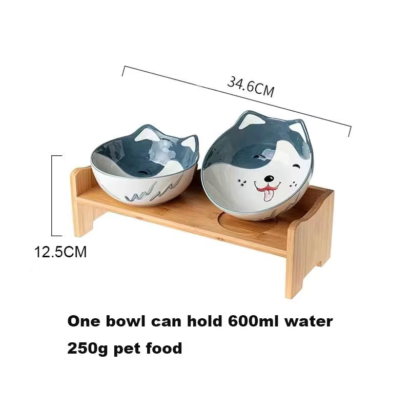 Dimensions of Cute Puppy Face on Ceramics Pet Food Double Bowl Pet Supplies with Wooden Stand