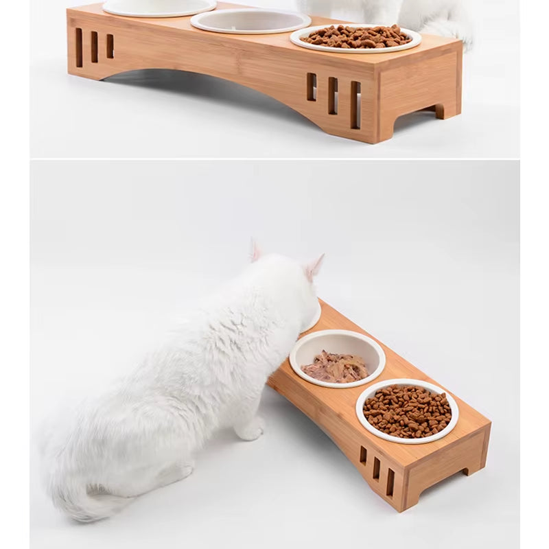 Bamboo Pet bowl holder and 3 stainless steel bowls and Cat Eating