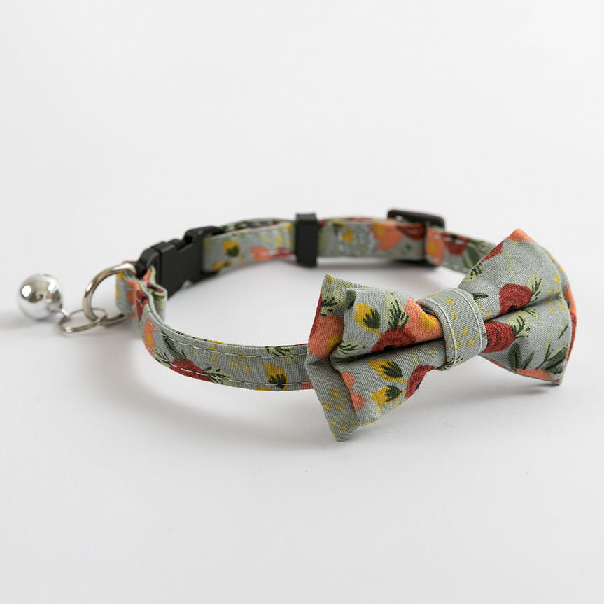 Dark Green with Roses Stylish Cat Collar with Safety Buckle, Bell & Attractive Bow