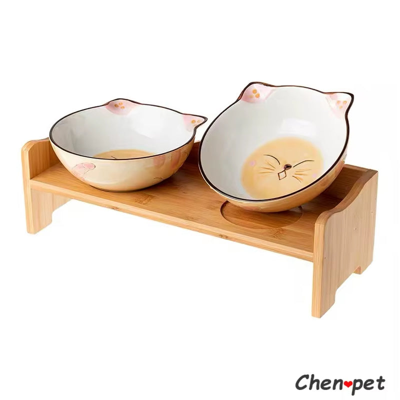 Cute Kitten Face on Ceramics Pet Food Bowl Pet Supplies Ceramic Bowl with Wooden Stand