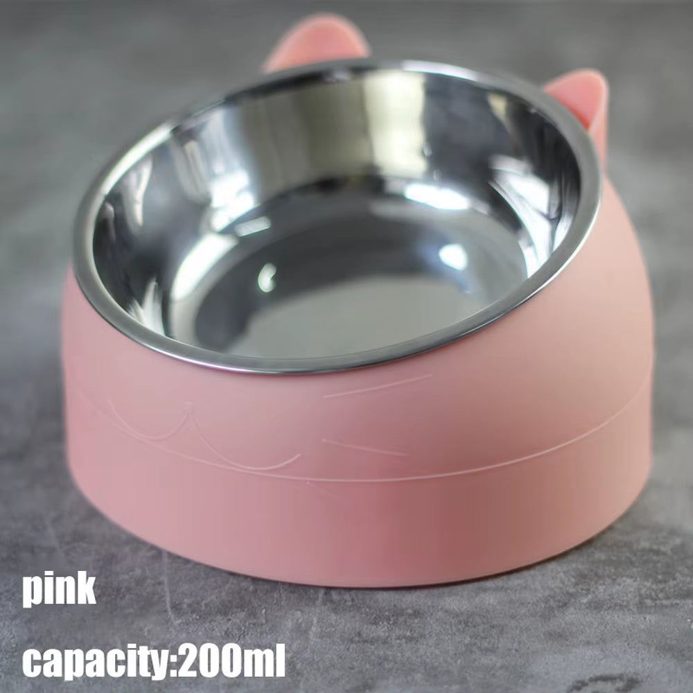 Pink Cat Dog Bowl 15 Degrees Raised Stainless Steel Non Slip Cat Bowl Safeguard Neck Cat Feeder