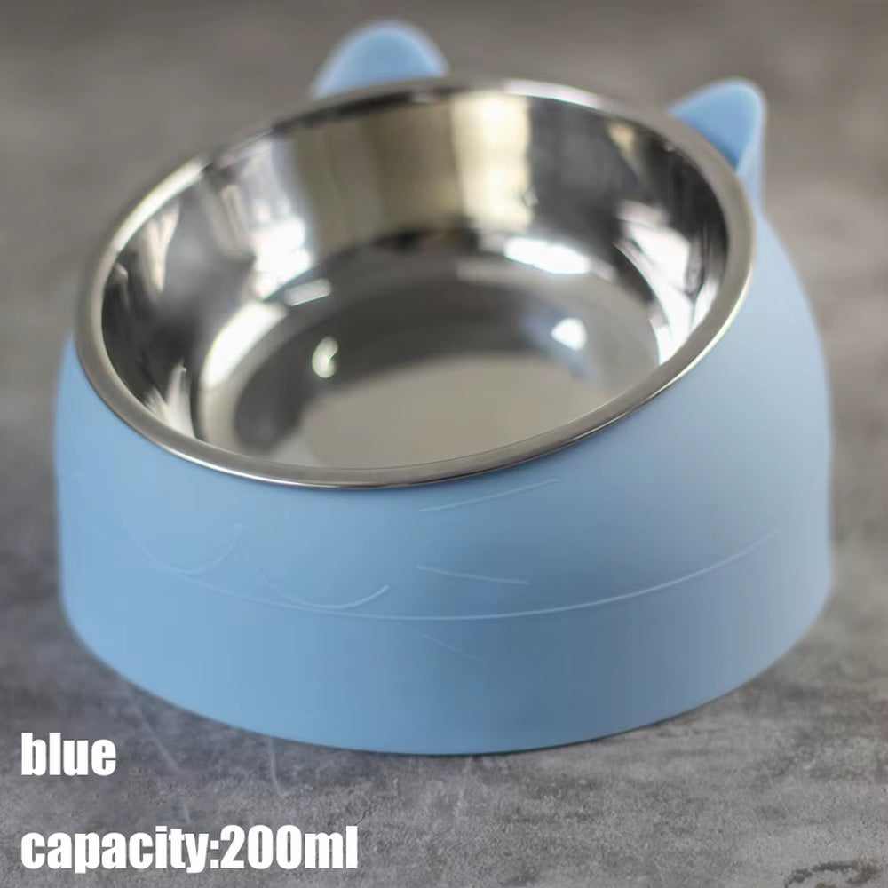 Blue Cat Dog Bowl 15 Degrees Raised Stainless Steel Non Slip Cat Bowl Safeguard Neck Cat Feeder