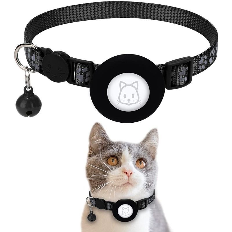 Black Reflective Cat Collar with Air Tag Holder & Bell