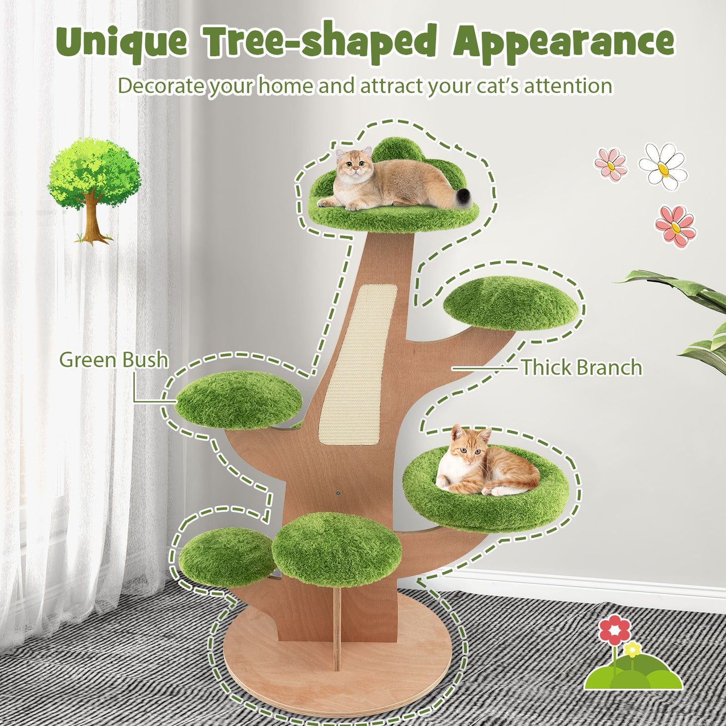 128 Cm Pine Shape Cat Tree Cute Multi-Level Cat Tower with Sisal Scratching Board