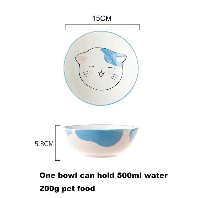 Dimensions of Cute Cat Face Ceramics Single Pet Food Bowl Pet Supplies with Wooden Stand