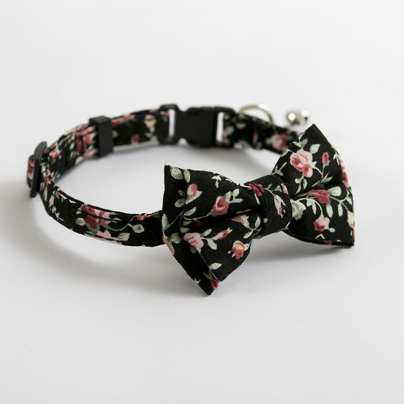 Black with Roses Stylish Cat Collar with Safety Buckle, Bell & Attractive Bow