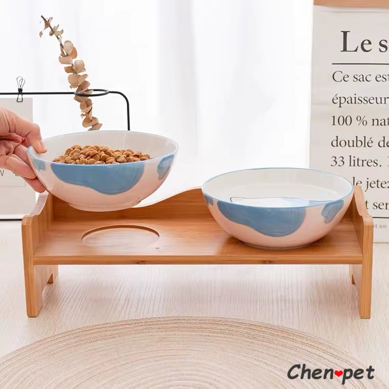 Cute Ceramics Pet Food Bowl Pet Supplies Ceramic Bowl with Wooden Stand