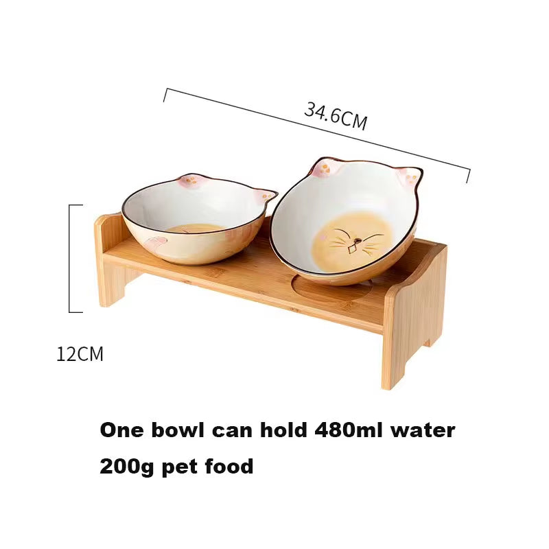 Dimensions of Cute Cat Face Ceramics Double Pet Food Bowl Pet Supplies with Wooden Stand