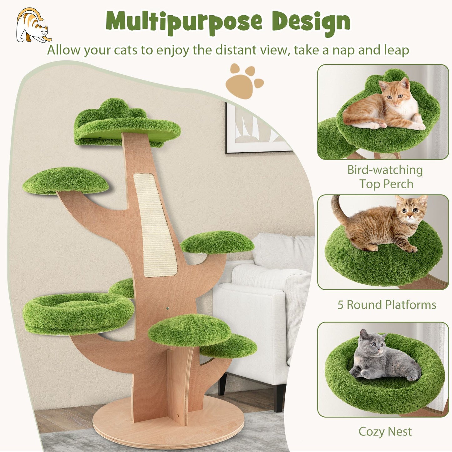 128 Cm Pine Shape Cat Tree Cute Multi-Level Cat Tower with Sisal Scratching Board