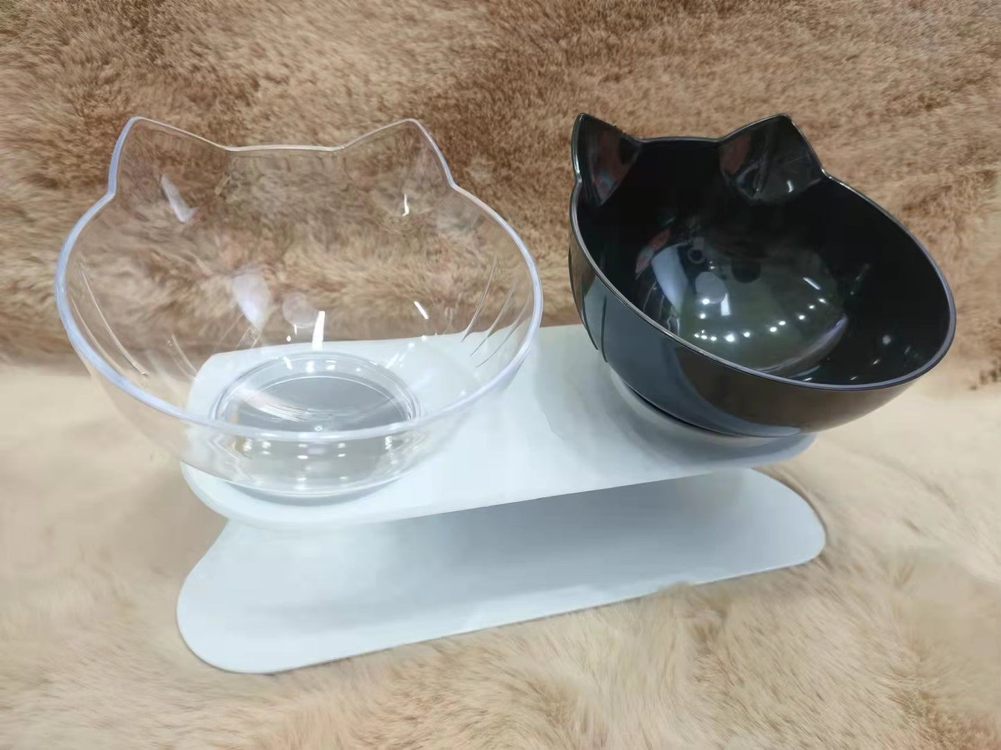 Black & Clear Double Cat Bowl Pet Water Food Inclination Stand Cats Kitten Feeder Feeding Bowl