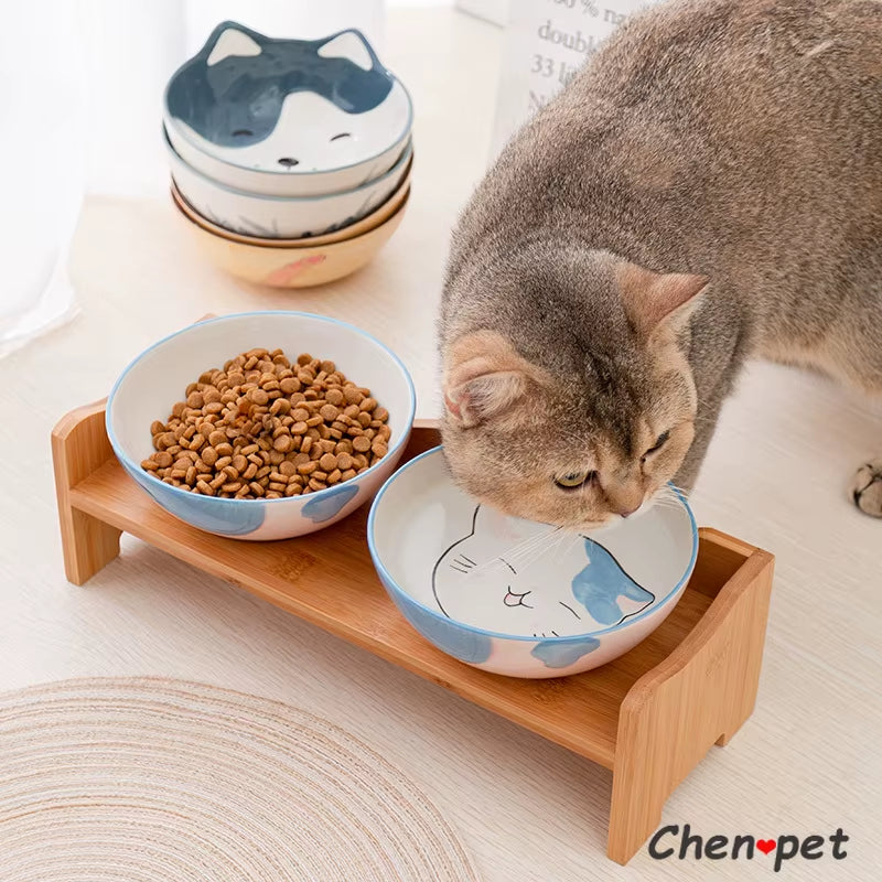 Cat Eating from Cute Ceramics Pet Food Bowl Pet Supplies Ceramic Bowl with Wooden Stand