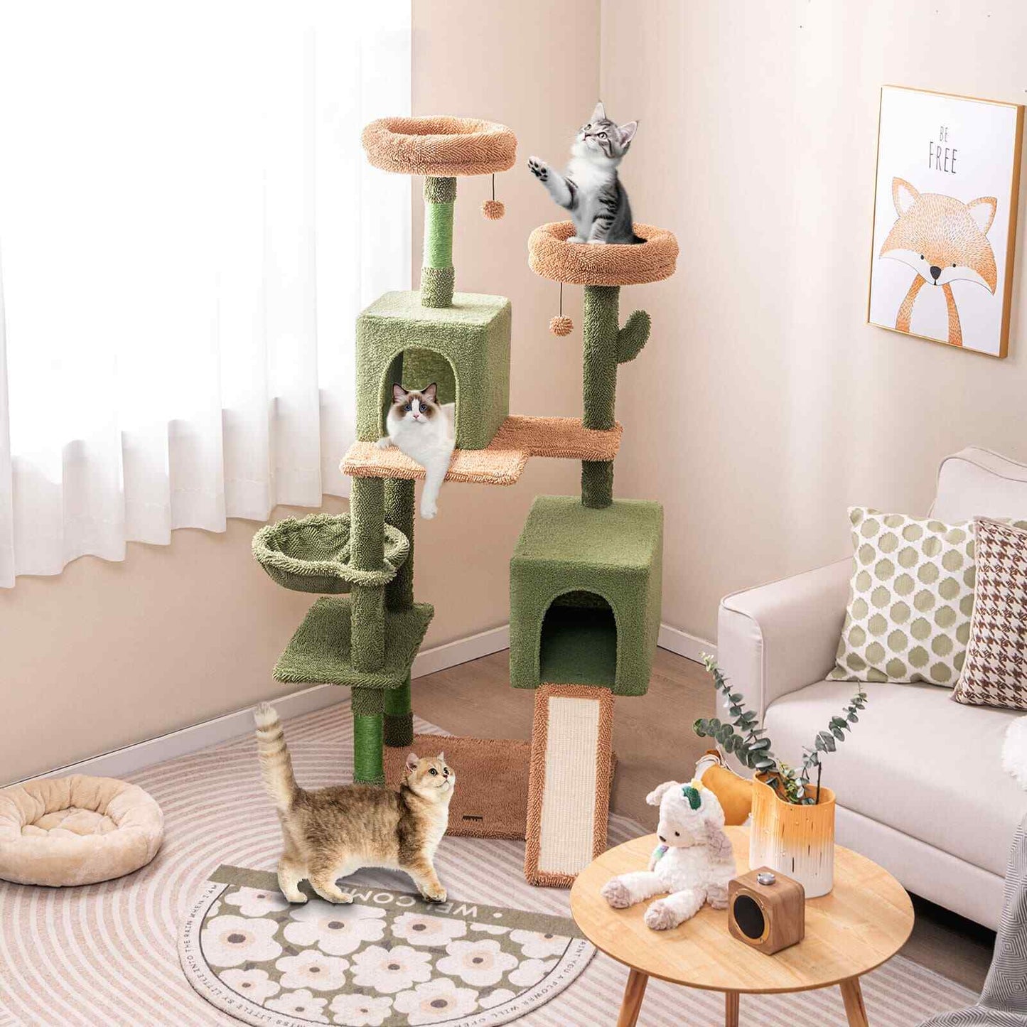 COSTWAY 160 Cm Tall Modern Cat Tree Green Cactus Cat Tower W/Hammock