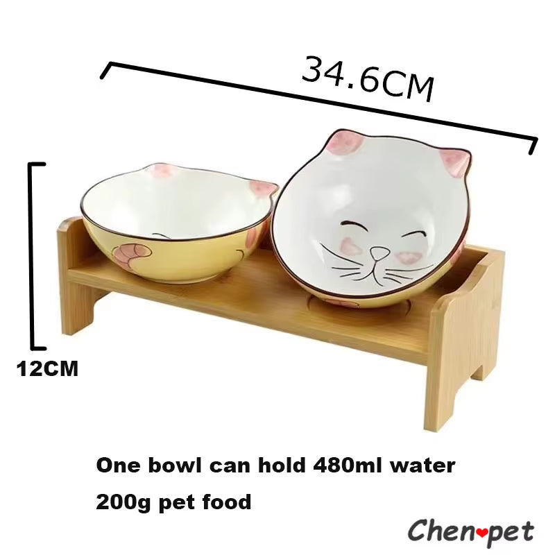 Dimensions of Cute Cat Face Ceramics Double Pet Food Bowl Pet Supplies with Wooden Stand