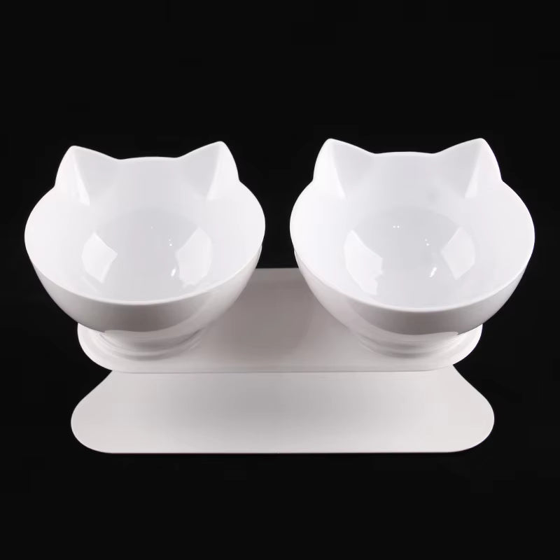 White Non-Slip Double Cat Bowl Pet Water Food Inclination Stand Cats Kitten Feeder Feeding Bowl
