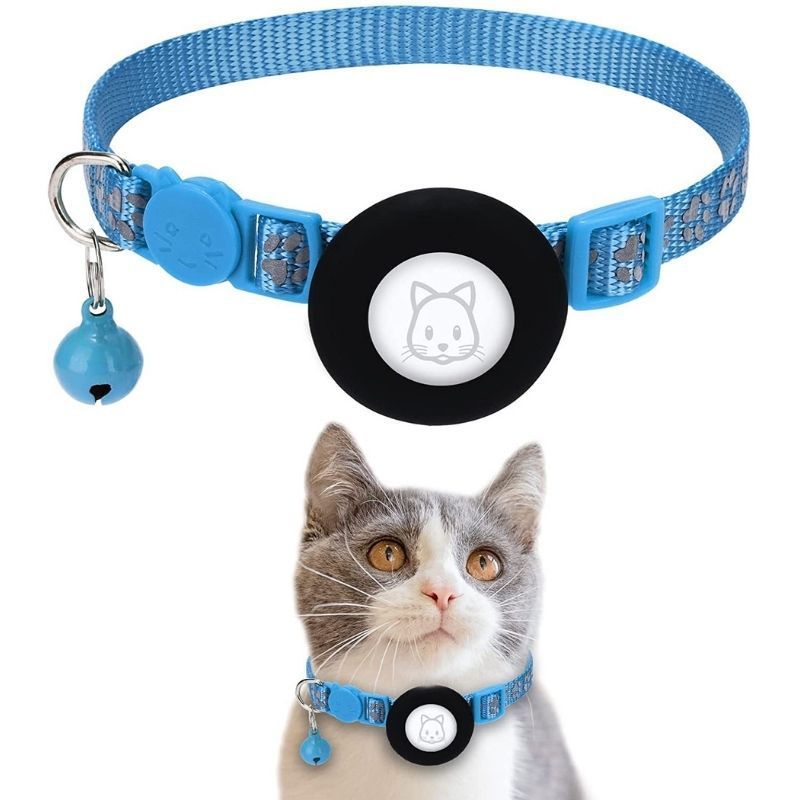 Sky Blue Reflective Cat Collar with Air Tag Holder & Bell