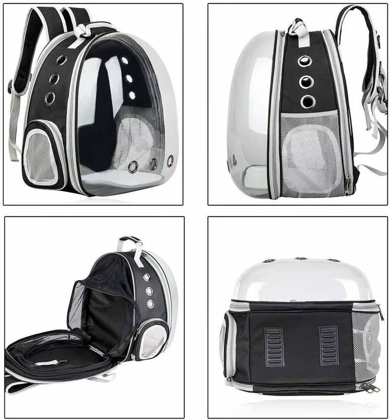 Front, Side, Top & Bottom Views of Portable Cat Carrier Capsule Backpack Foldable Bubble Pet