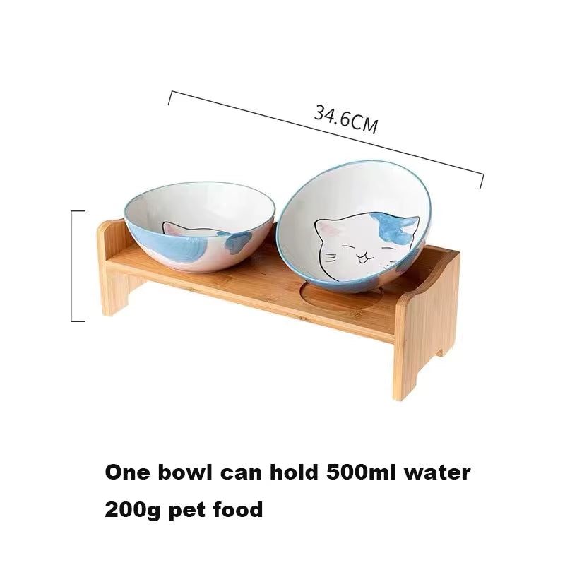 Dimensions of Cute Cat Face Ceramics Double Pet Food Bowl Pet Supplies with Wooden Stand