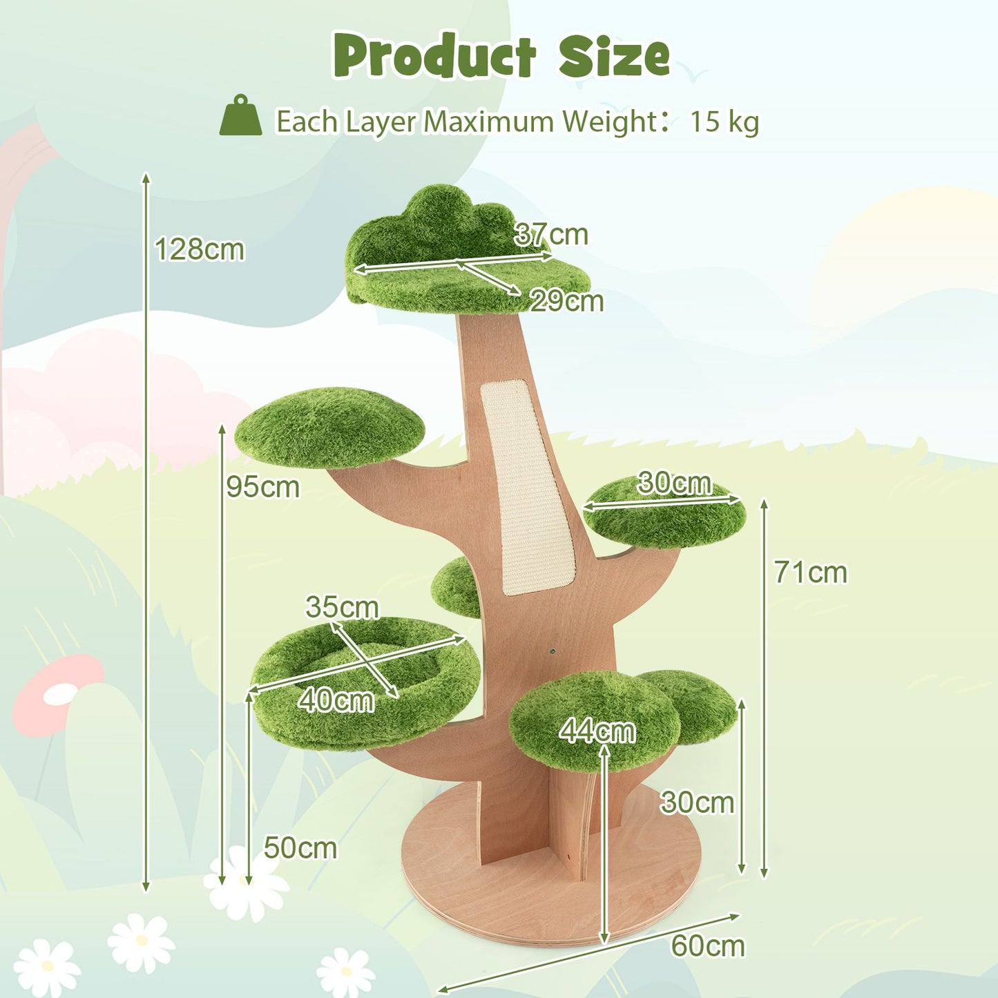 128 Cm Pine Shape Cat Tree Cute Multi-Level Cat Tower with Sisal Scratching Board