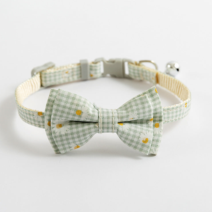 Light Green Check with White Daises Stylish Cat Collar with Safety Buckle, Bell & Attractive Bow