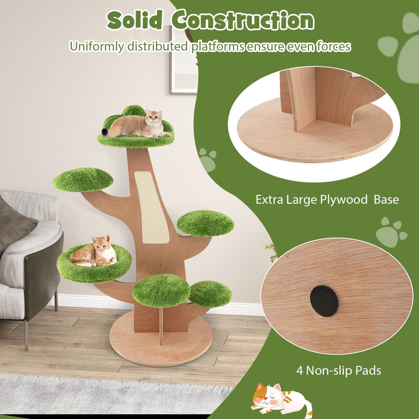128 Cm Pine Shape Cat Tree Cute Multi-Level Cat Tower with Sisal Scratching Board
