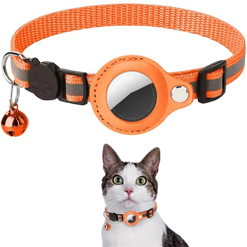 Orange Reflective Cat Collar with Air Tag Holder & Bell