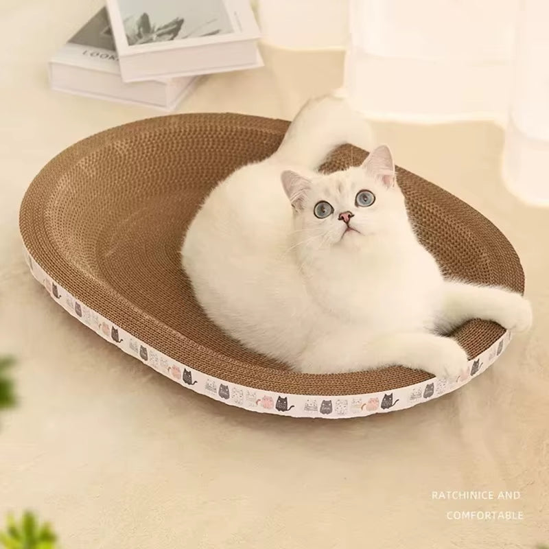 Cat Enjoying the Corrugated Cat Scratcher, Oval, Wear-Resistant Cat Bed
