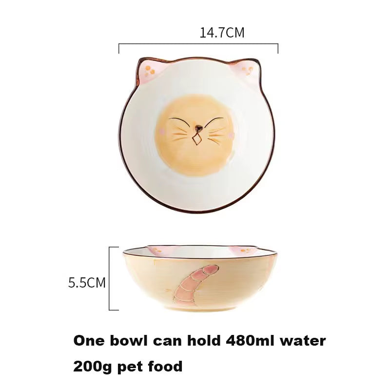Dimensions of Cute Cat Face Ceramics Single Pet Food Bowl Pet Supplies with Wooden Stand