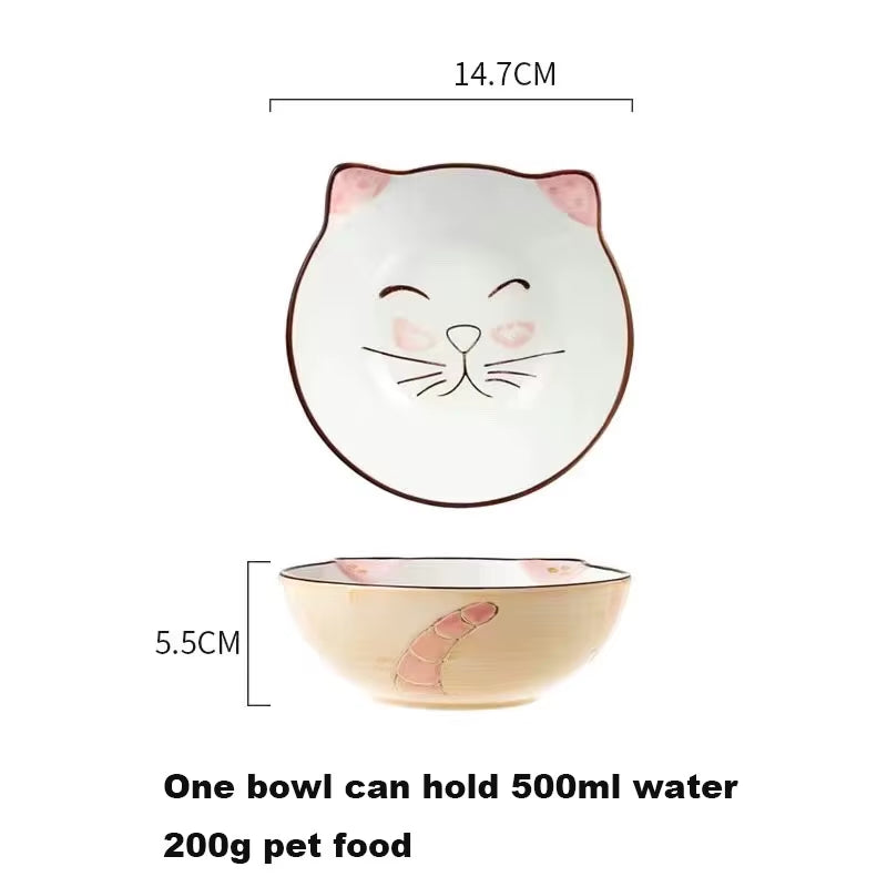Dimensions of Cute Cat Face Ceramics Single Pet Food Bowl Pet Supplies with Wooden Stand