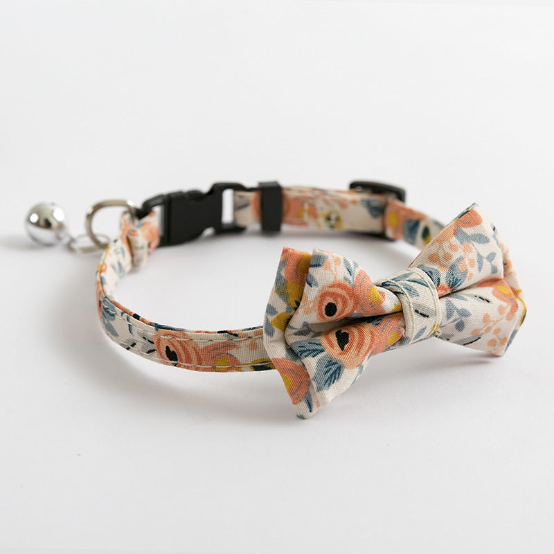 Orange & White with Roses Stylish Cat Collar with Safety Buckle, Bell & Attractive Bow